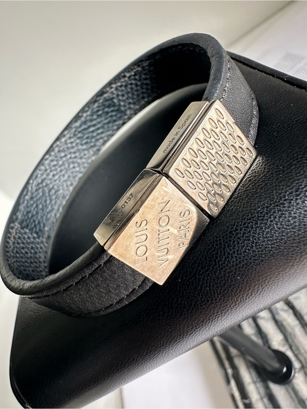 Louis Vuitton Black Leather Pull It Bracelet | Damier Silver Clasp Unisex